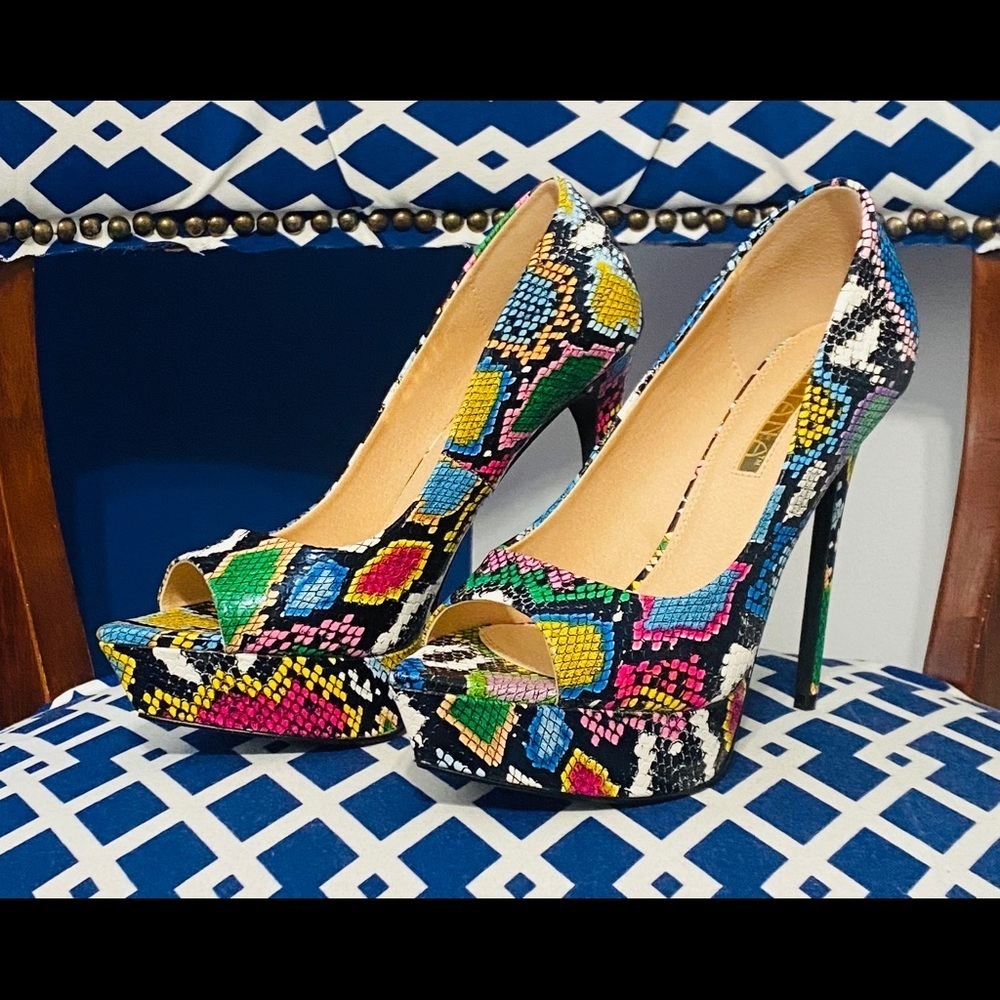 Multi Color Snake Print Pointy Peep Toe Platform … - image 4